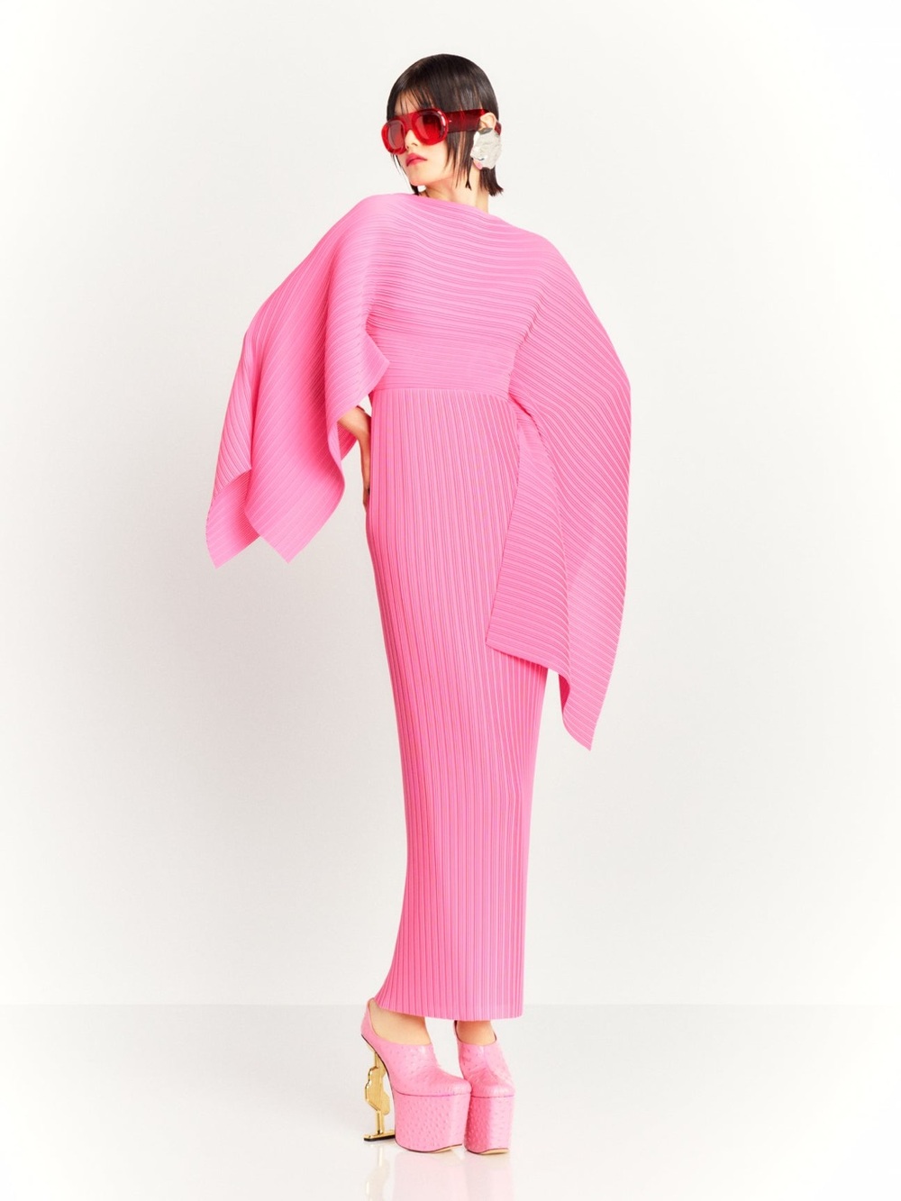 Solace London Hot Pink Pleated Cape-Sleeve Maxi Dress (worn once) - US 8 / UK 12